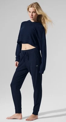 Alo Yoga Muse Hoodie Pants Set Women’s Large Ribbed Cropped Navy Blue - Image 1 of 4