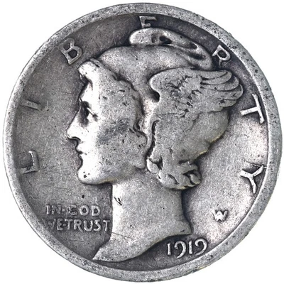 Moneda de diez centavos Mercury 1919 D 90 % plata muy buena en muy buen estado Foto 1 de 4