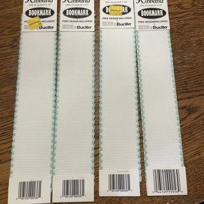 BUCILLA Ribband Bookmark 9" x 1 7/8" 14 count Cross Stitch Lot of 4 White Blue - Image 1 of 2