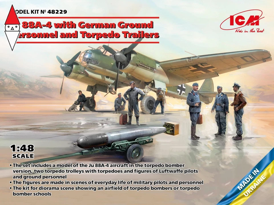 ICM 1/48 JU 88A-4 WITH GERMAN GROUND PERSONNEL AND TORPEDO TRAILERS - Immagine 1 di 1