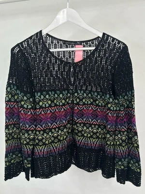 PERUVIAN CONNECTION Faire Isle Cardigan Size XL Black Print Women Sweater Cotton - Image 1 of 4