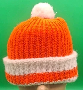 Vintage Orange White Pom Knit Beanie Toboggan Shamrock Mills 100% Acrylic Winter - Picture 1 of 5