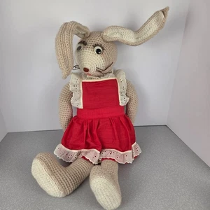 Hecho a mano Crochet Conejo Peluche Beige 20" Orejas Flexibles Rojo Vestido Peluche - Imagen 1 de 11