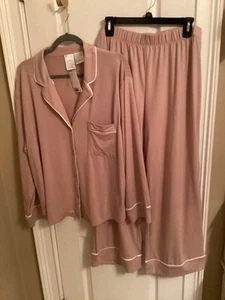 NWT H&M Women's Beige Satin Pajamas w/ White Trim Size Large Long Sleeve - Picture 1 of 8