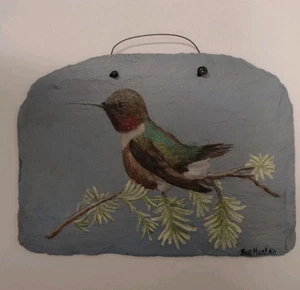 Antik Dach Schiefer Original Gemälde Kolibri Handwerk Wandkunst 8,5x5" - Bild 1 von 2