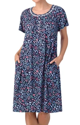 Women’s Aria Nightgown Raglan Sleeve Smocked Neck Cotton-Navy Floral-S (4-6)-New - Image 1 of 4