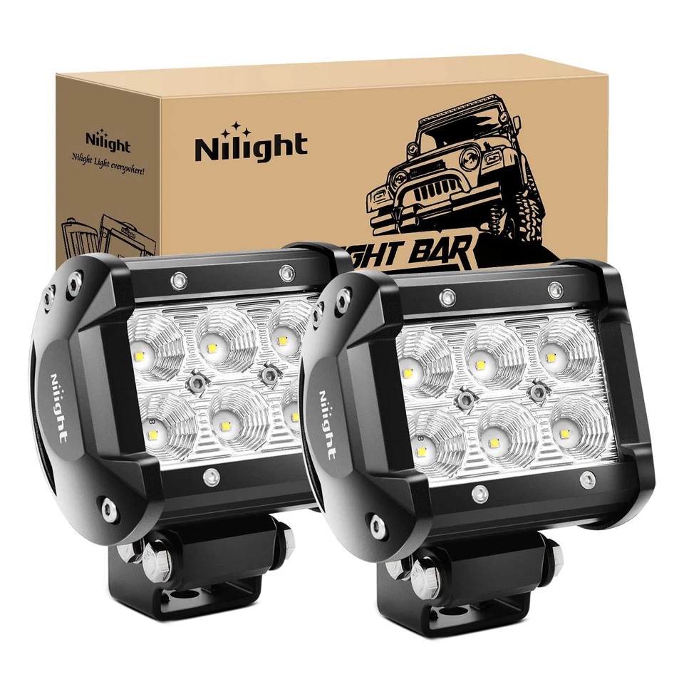 Nilight LED Light Bar 2pcs 18w 4 Flood Driving Fog off Road Boat SUV Jeep Lamp