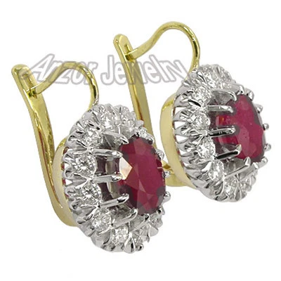 Earrings Genuine Ruby and Diamond 18k Solid Two-Tone Gold E990 - Image 1 of 4