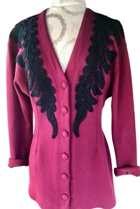 Vintage JANE BURCHARD Tailored Maroon Blazer 100% Cotton Black Trim Medium - Picture 1 of 3