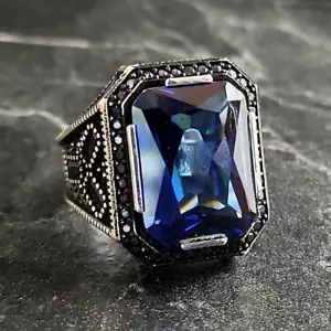 Men Dark Blue Sapphire Gemstone Silver Ring , Silver Square Sapphire Stone Ring - Picture 1 of 8