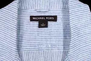 NEW MICHAEL KORS PINSTRIPE LOGO SLIM MENS LARGE LINEN RESORT VACATION SHIRT SS - Picture 1 of 13
