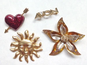 VTG 4 Signed Avon Gold Tone Brooch Nina Ricci Flower, Red Heart, Sun, Rhinestone - Picture 1 of 8
