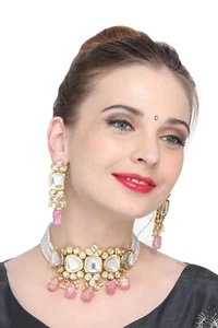 Indian Bollywood Bridal Kundan Gold Plated Pink Necklace Fashion Jewelry Set - Picture 1 of 7