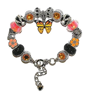 Monarch Butterfly Bracelet With Sparkling Orange, Black European Beads & Charms - Picture 1 of 6