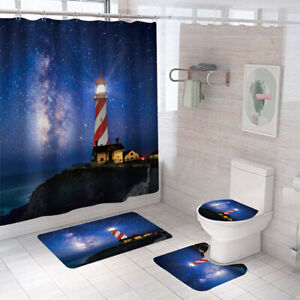 Lighthouse Shower Curtain Bathroom Rug Set Bath Mat Non-Slip Toilet Lid Cover