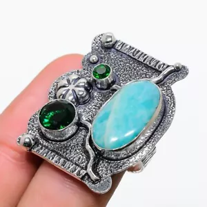 Amazonite, Diopside Gemstone 925 Sterling Silver Gift Jewelry Ring Size 7.5 B099 - Picture 1 of 3