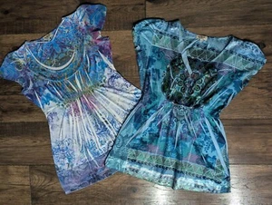 Túnicas One World 2 para mujer pequeñas azules sirena tachonadas bordadas mangas aleteadas - Imagen 1 de 19