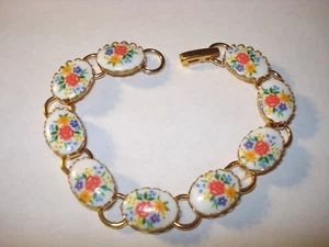 Bracciale floreale ovale in metallo tono oro e vetro - Foto 1 di 5