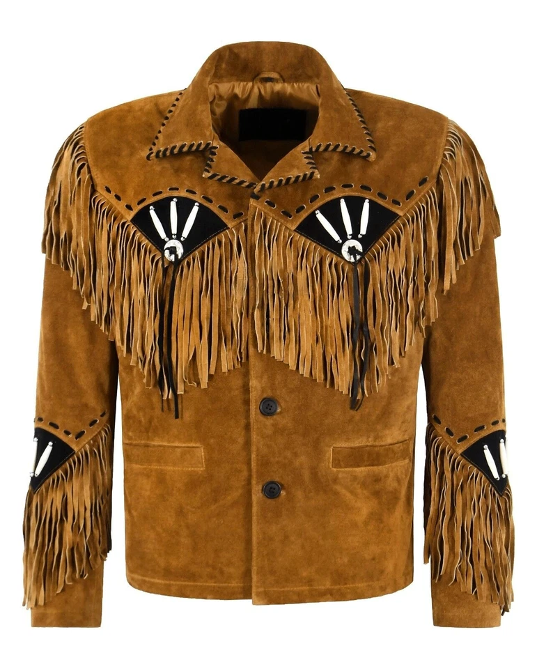 Jaqueta de couro camurça ocidental ossos franjas boho jaqueta de rodeio - Imagem 1 de 4