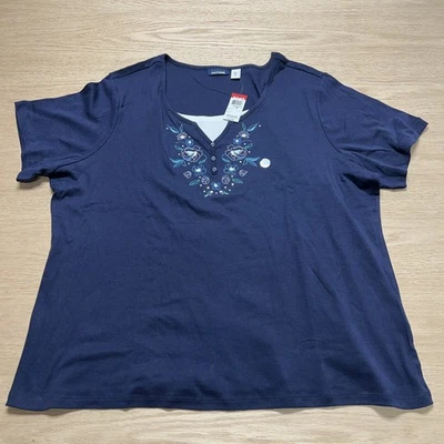 NUEVA Camisa Henley Para Mujer Ediciones Básicas 2X Azul Blanco Bordado Floral Foto 1 de 4