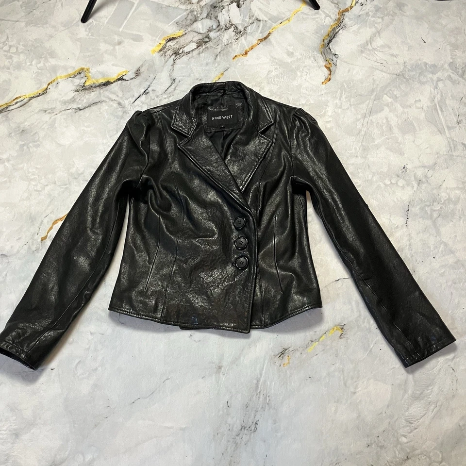 Nine West 皮革夹克女式 S 码黑色黄油柔软纽扣前复古骑手 — 第 1/4 张图片