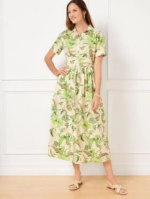 Talbots Dress Womens 6P Beige Green Modern Poplin Smocked Midi Floral Cotton - Image 1 of 4