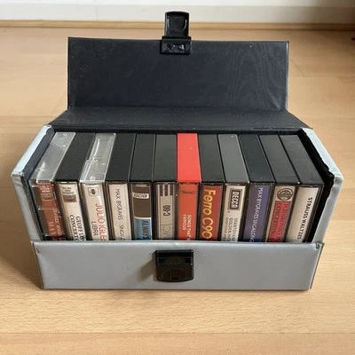 Vintage 1980s Cassette Tape Music Storage Box Grey w/ 12 Music Cassettes - Image 1 of 4