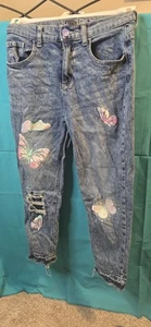 Justice Mini Mom Jeans Girls Size 16 Distressed Patches & Painted Butterflies - Picture 1 of 10