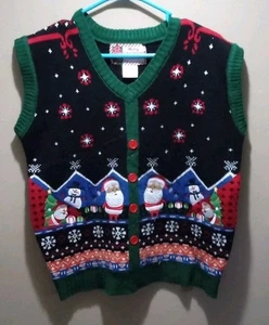 Maglione donna Buon Natale gilet medio nero Babbo Natale pupazzo di neve bottoni  - Foto 1 di 5