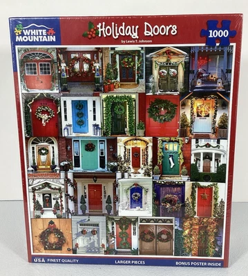 White Mountain Puzzle 1000 pc Christmas Holiday Doors 1169 Lewis T Johnson New - Image 1 of 4