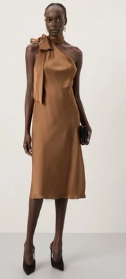 Vestido Lauren Ralph Lauren marrom seda cetim gola redonda tamanho 8 designer MSRP $245 - Imagem 1 de 4