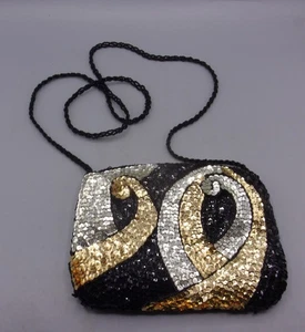 Mini Bolso Bandolera Sequn Vintage Años 80 Negro Plata Dorado con Correa con Cuentas - Imagen 1 de 4