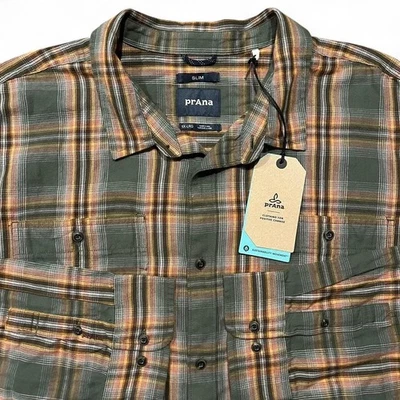 NWT Prana Dolberg Flannel Men's XXL Green Cotton Plaid Slim Shirt Two-Pocket - Image 1 of 4