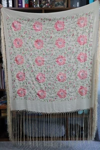 Antique Embroidered IVORY Silk Piano Floral Shawl 47" x 49" + 16" Fringe - Picture 1 of 10