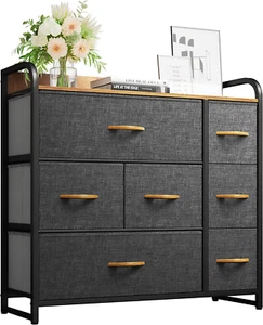 7 Drawer Dresser Tower Sturdy Steel Frame with Wooden Top & Easy Pull Fabric Bin - Picture 1 of 12