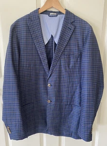 Peter Millar L Long Blue Plaid Jacket Crown Cool Wool Linen Blend Unconstructed - Picture 1 of 16