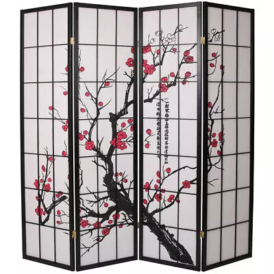 LEGACY DECOR 4, 6, 8 Panel Plum Blossom Screen Room Divider White & Black Frame