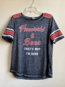 Cato Women’s Size Medium T Shirt Gray Red White Jersey Sleeves Fireworks & Beer - Picture 1 of 8