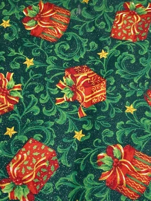 Cranston Fabric Red Christmas Presents on Green Filigree Glittery 3Y x 44"W - Image 1 of 4