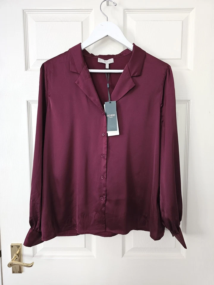 Hobbs Mirabel Satin Shirt Size 12 Burgundy Long Sleeves New With Tags RRP £69 - Image 1 of 4