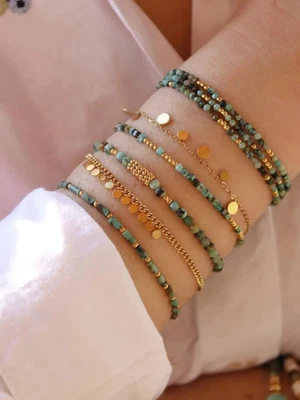 Natural Turquoise Beaded Bracelet Women Adjustable Boho Round Style Jewelry - Image 1 of 4