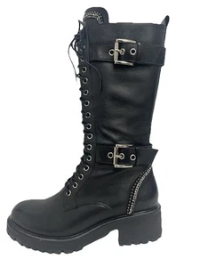 Daniel Pace Black Leather Lace Up Biker Boots Calf Length Faux Fur Lined 37 UK 4 - Picture 1 of 24