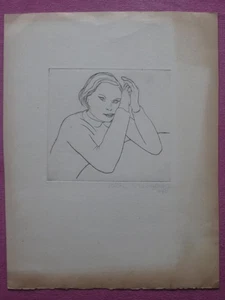 Signierte Kaltnadelradierung von 1933, Frau am Tisch, nachdenklich - Bild 1 von 1