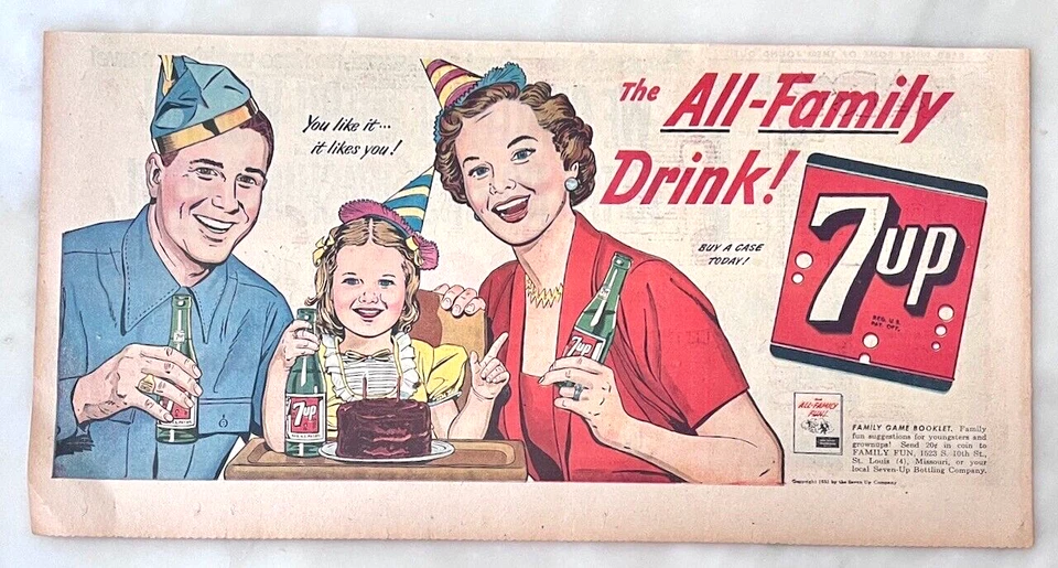 Anuncio de arte de cómic 1951 para 7Up Soda - Celebración de cumpleaños con niño pequeño Foto 1 de 1