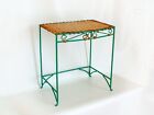 Vintage Wicker Side Table with Green Iron Frame Basketwork Rattan French Shabby