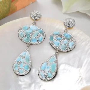 Aretes colgantes larimar azul color plata estrás circonita cúbica pavé lágrima ovalada - Imagen 1 de 6