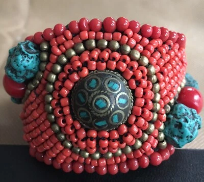 Tibetan Beaded Wrist Cuff - Turquoise, Brass and Coral color - Image 1 of 4