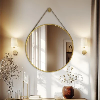  Badezimmerspiegel aus Aluminium Hängespiegel WandspiegelRund 60/70/80cm Leder - Bild 1 von 4