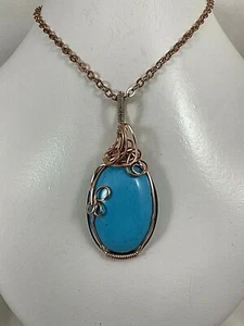 Handmade Copper Wire Wrapped Turquoise 1 1/3 x 2 3/4 Oval Pendant 18" Chain #219 - Picture 1 of 8