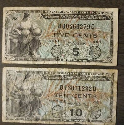 2 pc Military Payment Certificates 5 Cents & 10 Cents Series 481 #58 &31 - Image 1 of 2